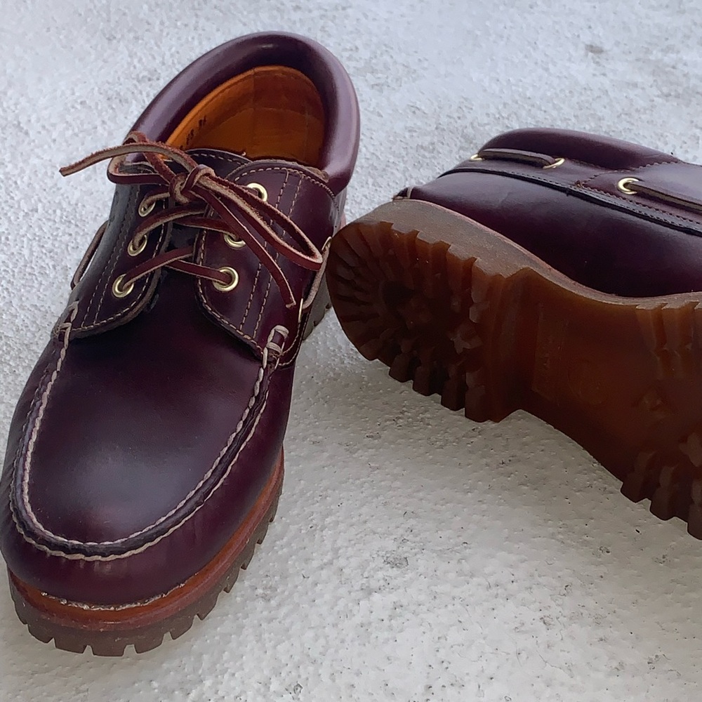 Men’s 10.5 Med Timberland 3-Eye Lug Handsewns in Burgundy